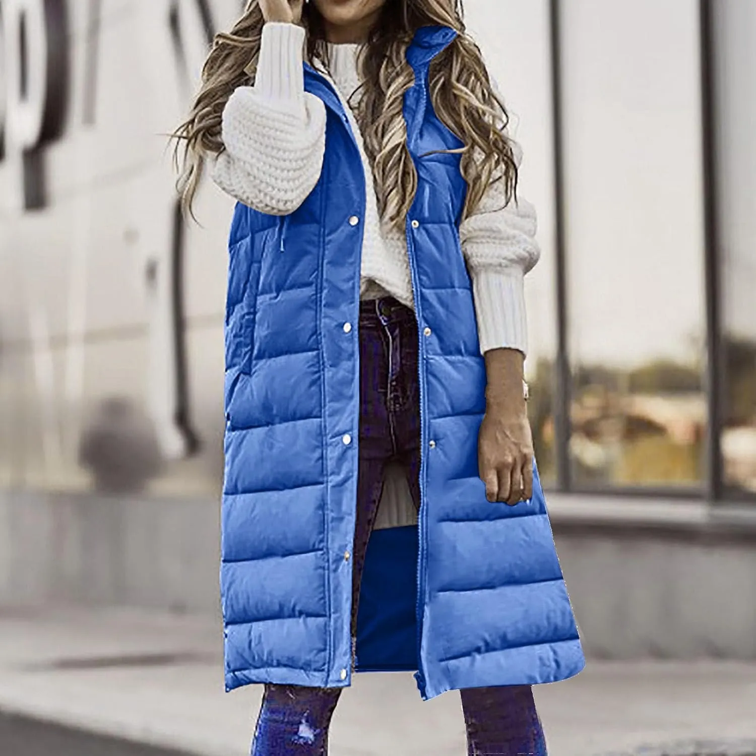 Long Puffer Vest Women With Hood Warm Sleeveless Solid Color Down Jacket Winter Lightweight Zipper Button Puffy Vest