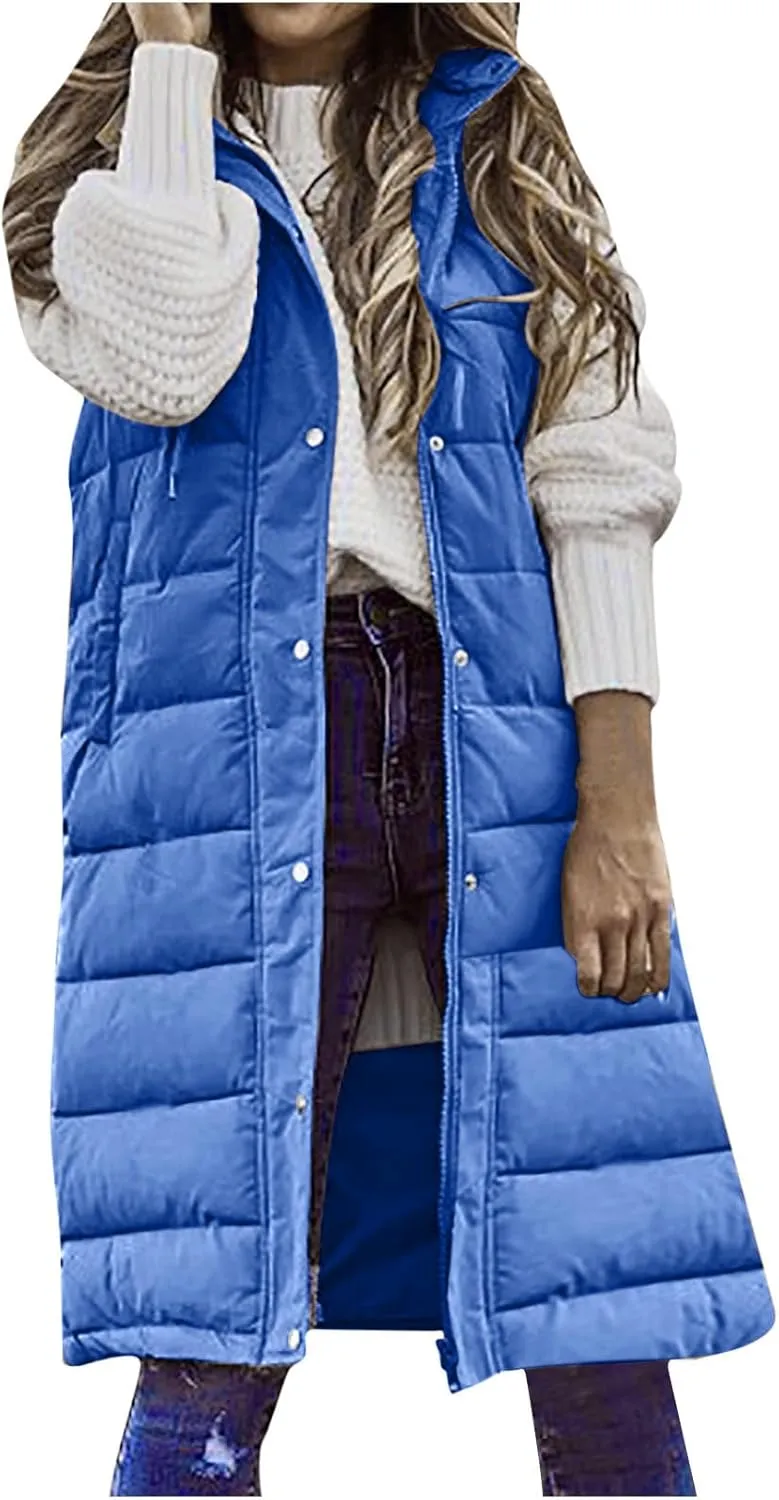 Long Puffer Vest Women With Hood Warm Sleeveless Solid Color Down Jacket Winter Lightweight Zipper Button Puffy Vest