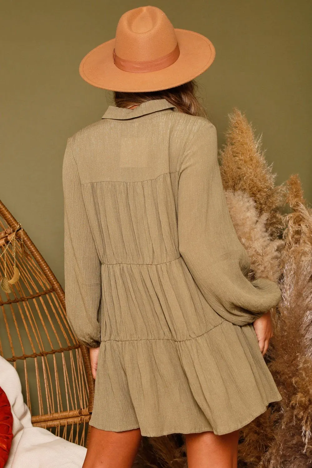 long sleeve collar button front mini dress - olive