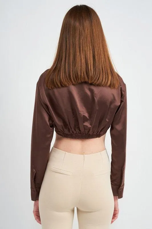 Long Sleeve Collared Crop Top With Underwire
