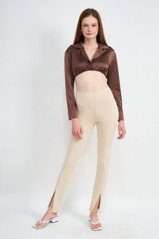 Long Sleeve Collared Crop Top With Underwire