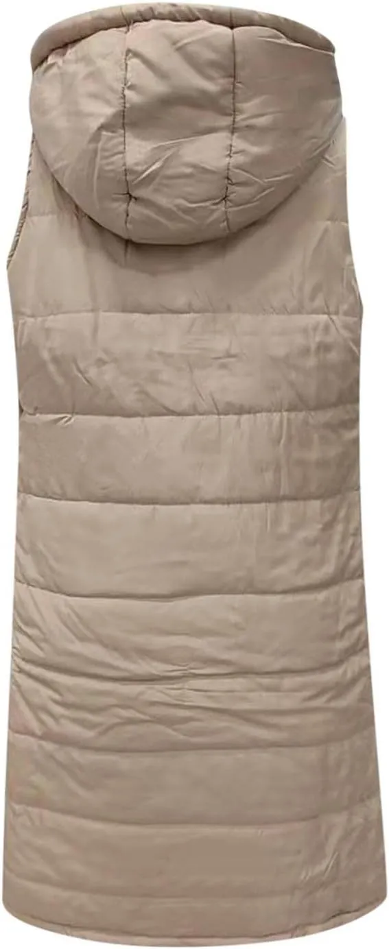 Long Vest for Women Sleeveless Hooded Puffer Jacket Thick Warm Lightweight Down Vest Cozy Baggy Down Coat with Hood