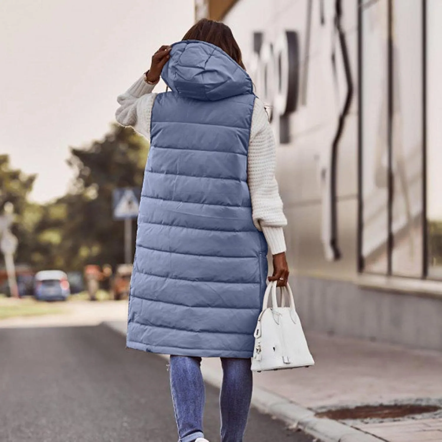 Long Vest for Women Sleeveless Hooded Puffer Jacket Thick Warm Lightweight Down Vest Cozy Baggy Down Coat with Hood