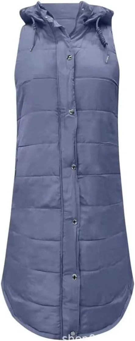 Long Vest for Women Sleeveless Hooded Puffer Jacket Thick Warm Lightweight Down Vest Cozy Baggy Down Coat with Hood