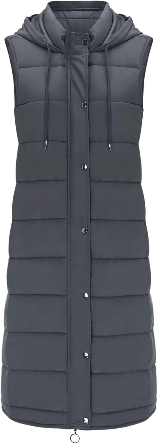 Long Vest for Women Sleeveless Hooded Puffer Jacket Thick Warm Lightweight Down Vest Cozy Baggy Down Coat with Hood