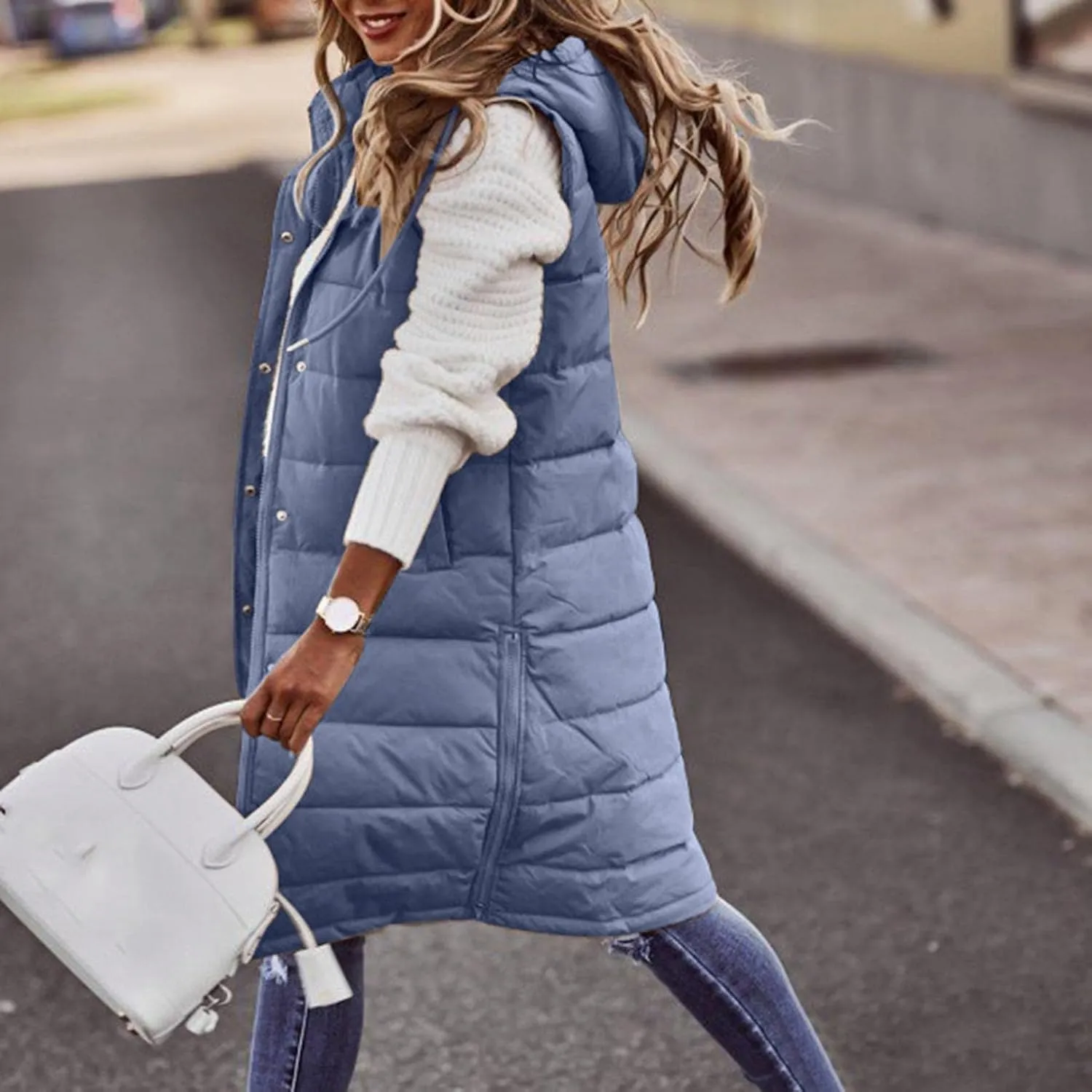 Long Vest for Women Sleeveless Hooded Puffer Jacket Thick Warm Lightweight Down Vest Cozy Baggy Down Coat with Hood