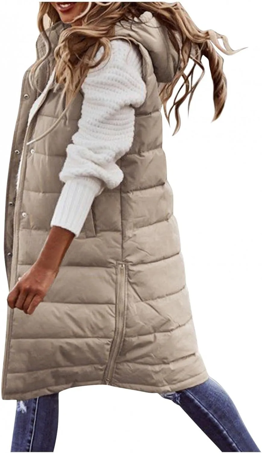 Long Vest for Women Sleeveless Hooded Puffer Jacket Thick Warm Lightweight Down Vest Cozy Baggy Down Coat with Hood