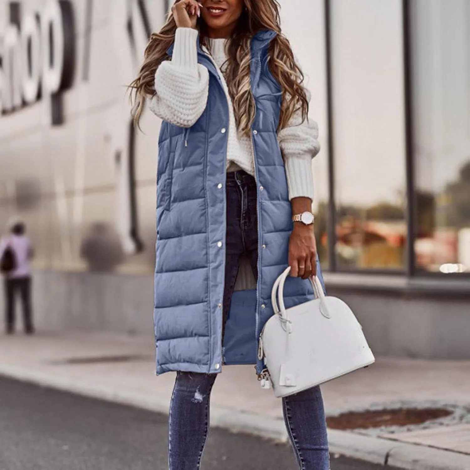 Long Vest for Women Sleeveless Hooded Puffer Jacket Thick Warm Lightweight Down Vest Cozy Baggy Down Coat with Hood