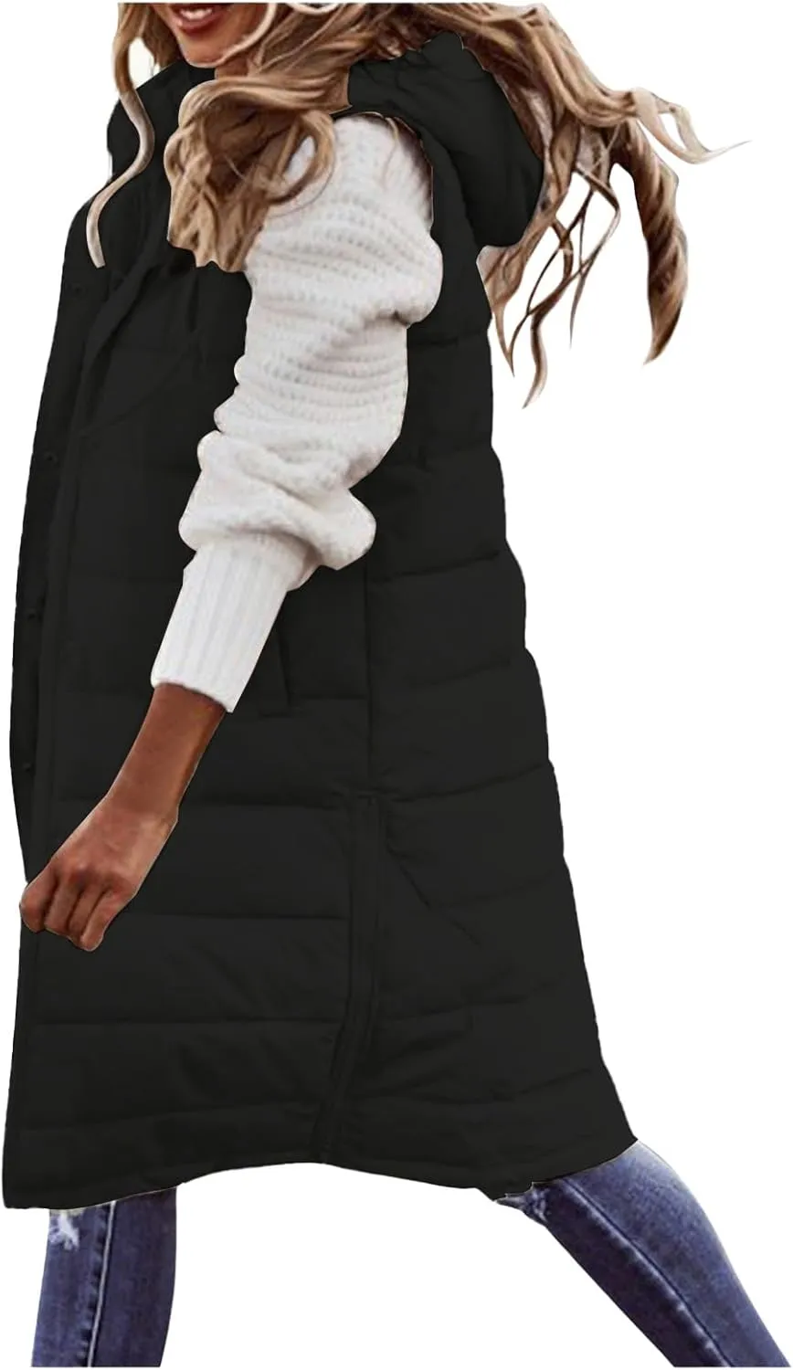 Long Vest for Women Sleeveless Hooded Puffer Jacket Thick Warm Lightweight Down Vest Cozy Baggy Down Coat with Hood