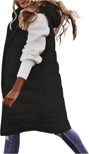 Long Vest for Women Sleeveless Hooded Puffer Jacket Thick Warm Lightweight Down Vest Cozy Baggy Down Coat with Hood