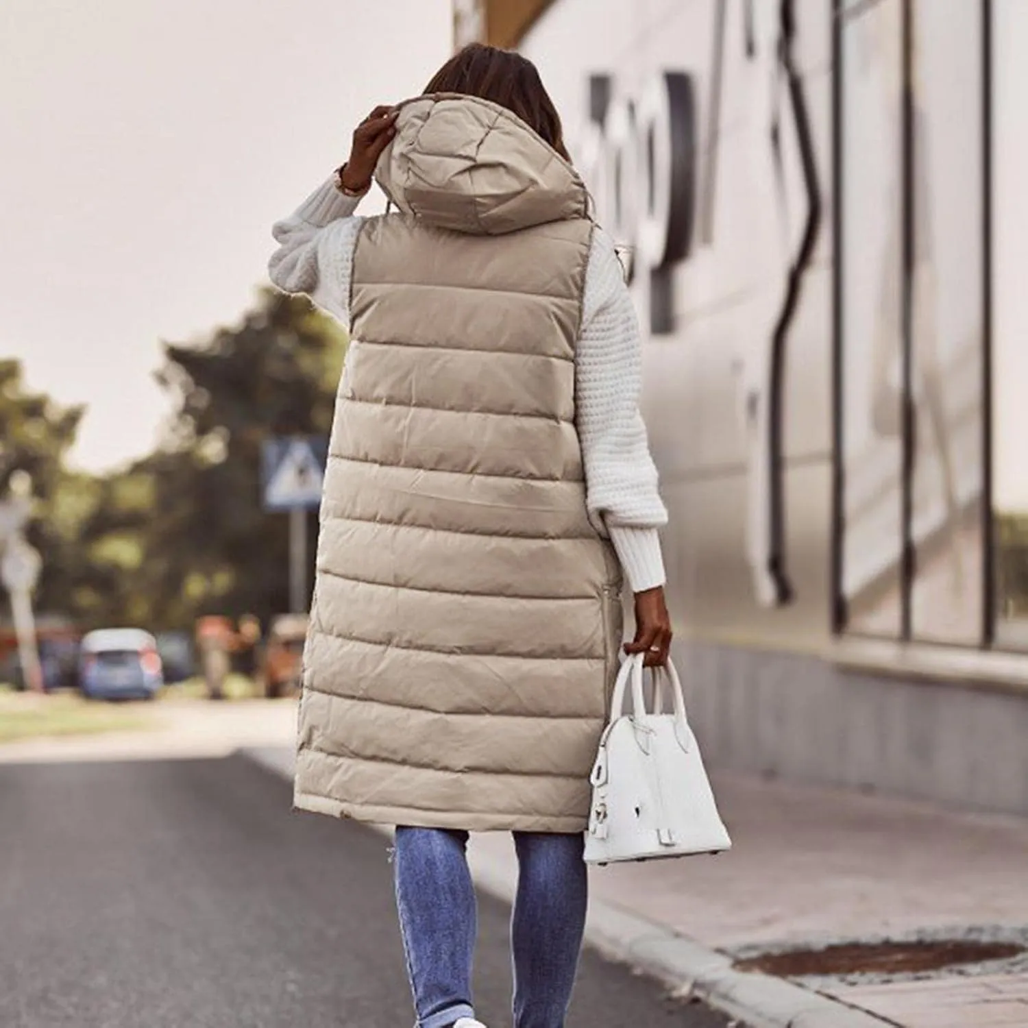 Long Vest for Women Sleeveless Hooded Puffer Jacket Thick Warm Lightweight Down Vest Cozy Baggy Down Coat with Hood