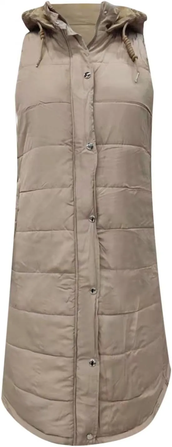 Long Vest for Women Sleeveless Hooded Puffer Jacket Thick Warm Lightweight Down Vest Cozy Baggy Down Coat with Hood
