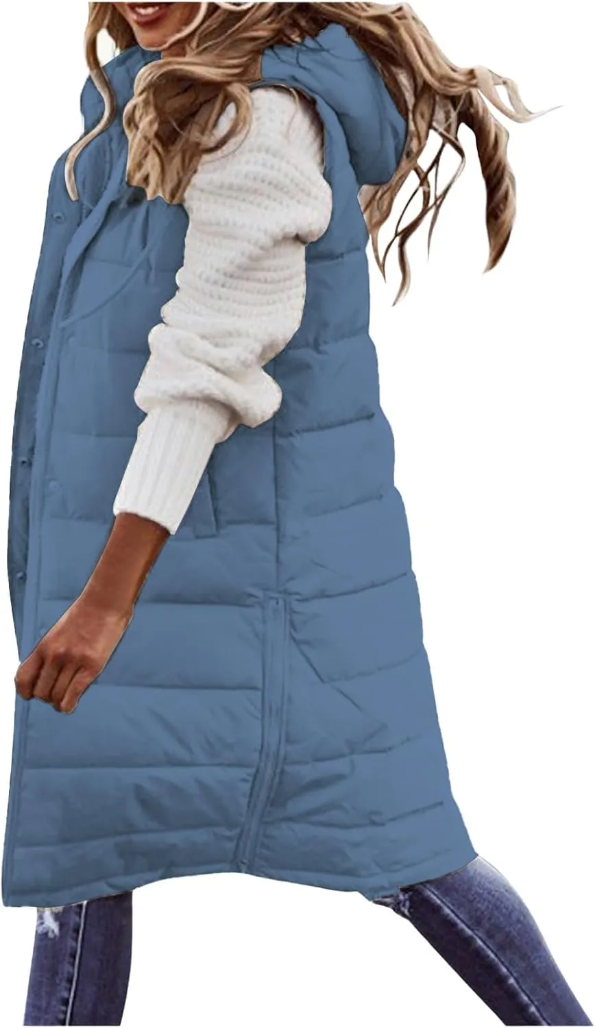 Long Vest for Women Sleeveless Hooded Puffer Jacket Thick Warm Lightweight Down Vest Cozy Baggy Down Coat with Hood