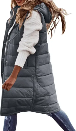 Long Vest for Women Sleeveless Hooded Puffer Jacket Thick Warm Lightweight Down Vest Cozy Baggy Down Coat with Hood