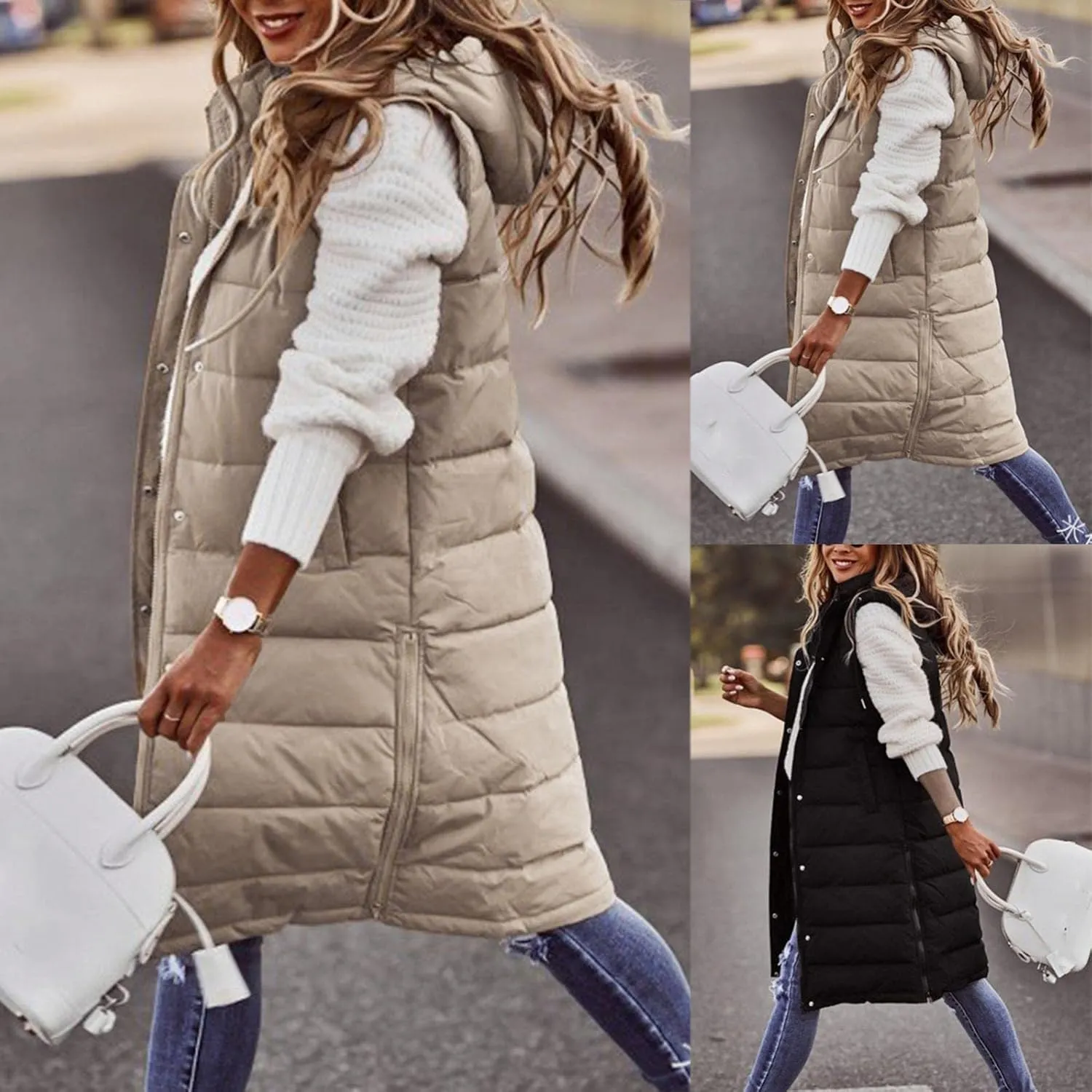 Long Vest for Women Sleeveless Hooded Puffer Jacket Thick Warm Lightweight Down Vest Cozy Baggy Down Coat with Hood