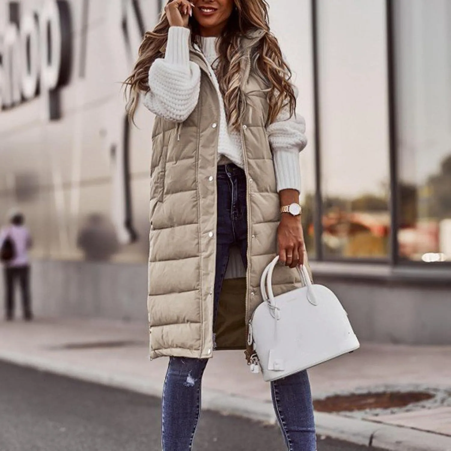 Long Vest for Women Sleeveless Hooded Puffer Jacket Thick Warm Lightweight Down Vest Cozy Baggy Down Coat with Hood