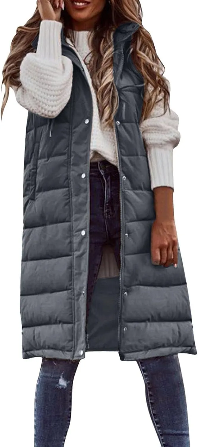 Long Vest for Women Sleeveless Hooded Puffer Jacket Thick Warm Lightweight Down Vest Cozy Baggy Down Coat with Hood