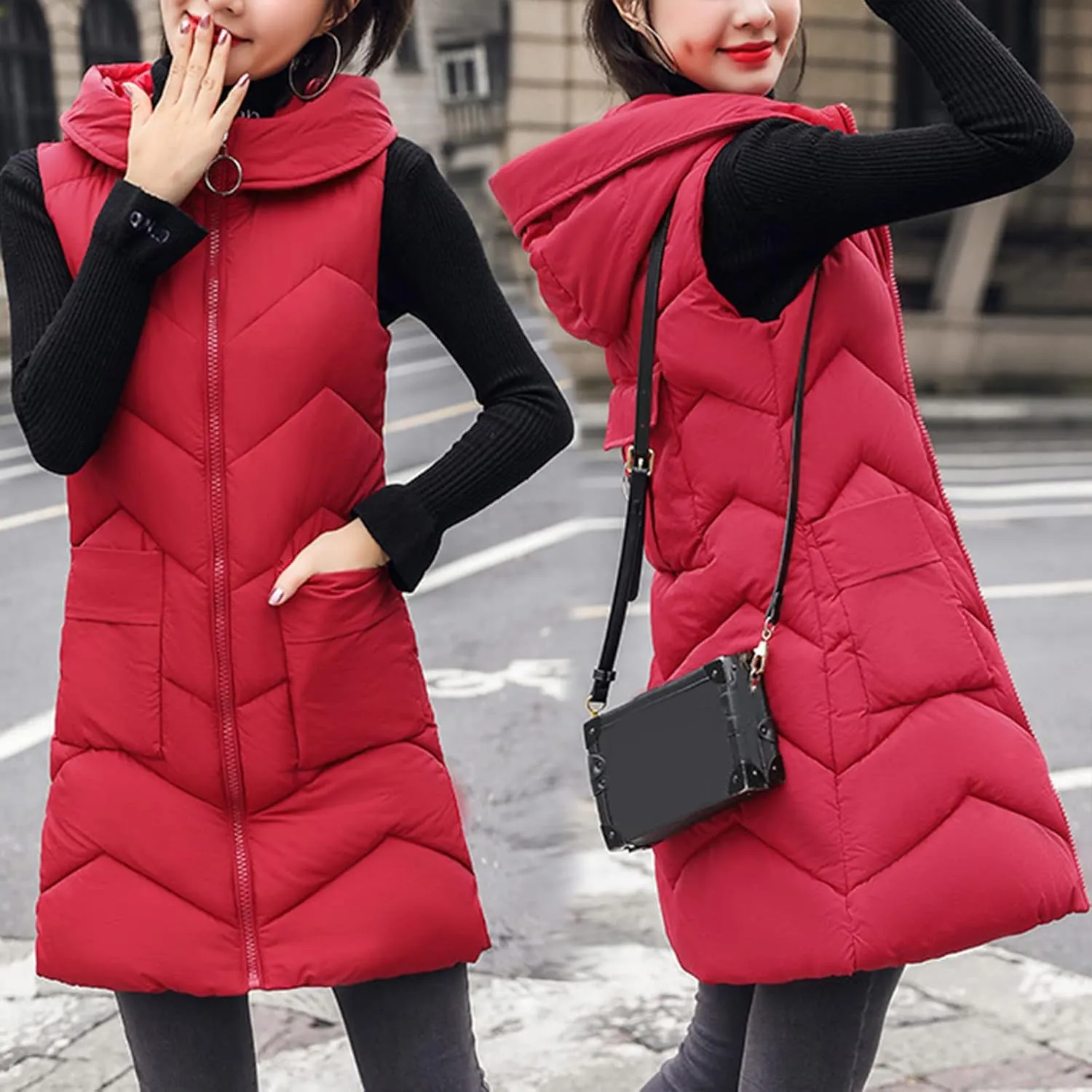 Long Vest for Women Sleeveless Puffer Zip Up Jackets Quilted Fall Puffy Vests Outerwear Hooded Winter Warm Down Coat