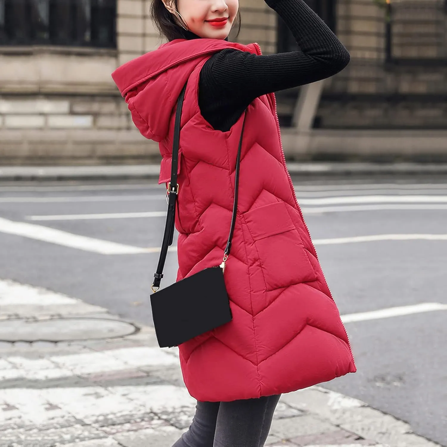 Long Vest for Women Sleeveless Puffer Zip Up Jackets Quilted Fall Puffy Vests Outerwear Hooded Winter Warm Down Coat