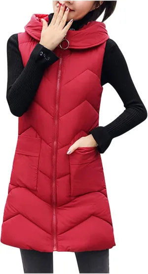 Long Vest for Women Sleeveless Puffer Zip Up Jackets Quilted Fall Puffy Vests Outerwear Hooded Winter Warm Down Coat