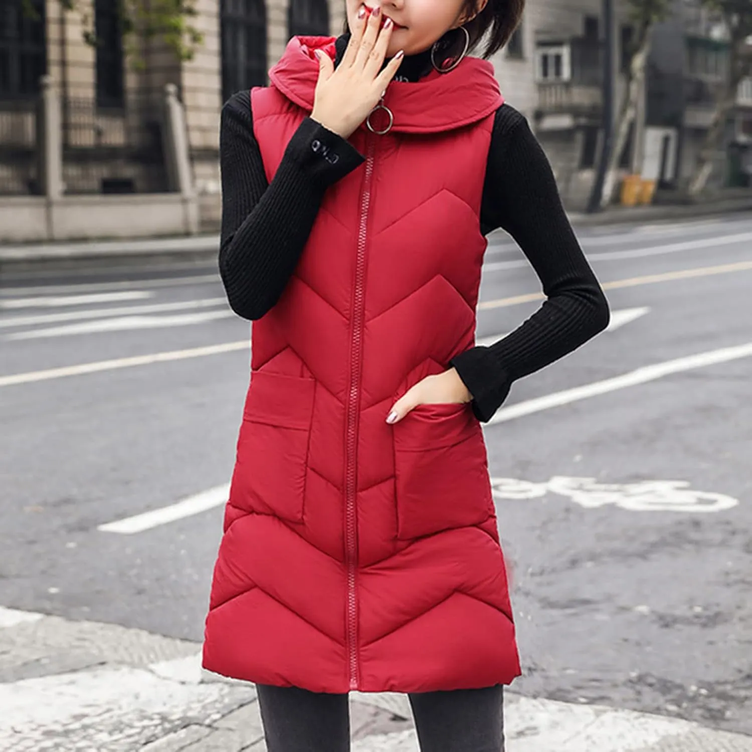 Long Vest for Women Sleeveless Puffer Zip Up Jackets Quilted Fall Puffy Vests Outerwear Hooded Winter Warm Down Coat