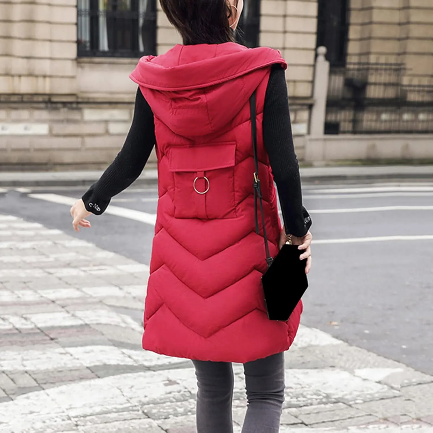 Long Vest for Women Sleeveless Puffer Zip Up Jackets Quilted Fall Puffy Vests Outerwear Hooded Winter Warm Down Coat