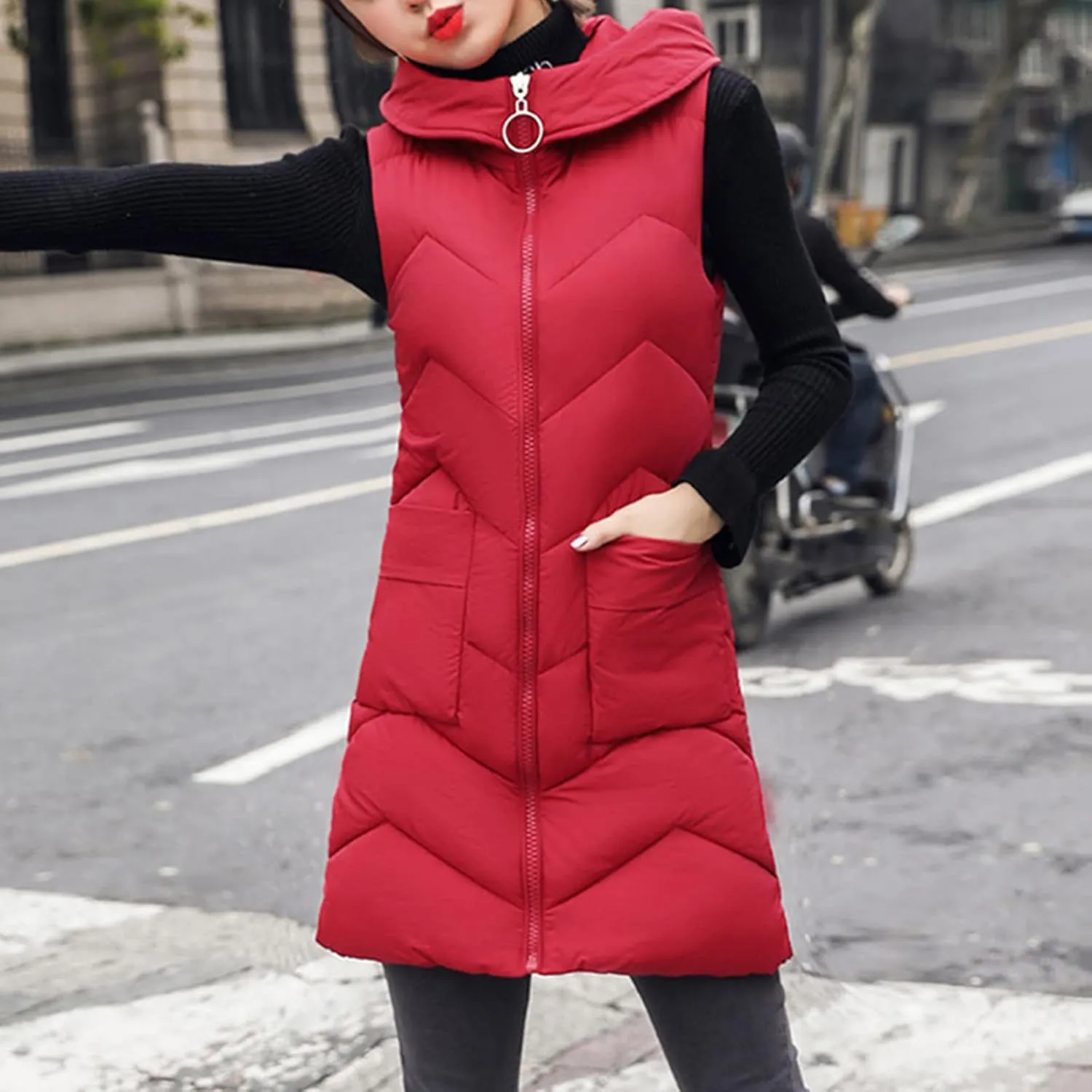 Long Vest for Women Sleeveless Puffer Zip Up Jackets Quilted Fall Puffy Vests Outerwear Hooded Winter Warm Down Coat