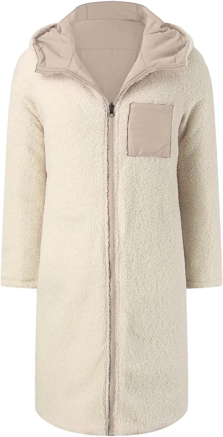 Long Winter Coats for Women Casual Long Sleeve Zip Up Puffer Jacket Plus Size Warm Outwear Trendy Reversible Teddy Coat