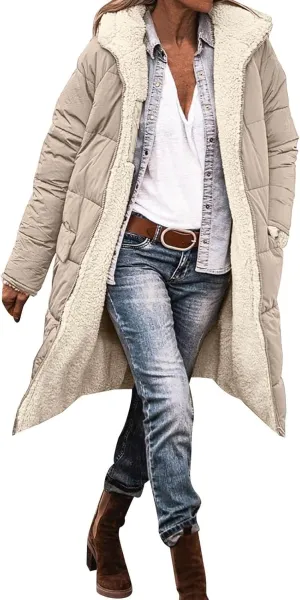 Long Winter Coats for Women Casual Long Sleeve Zip Up Puffer Jacket Plus Size Warm Outwear Trendy Reversible Teddy Coat