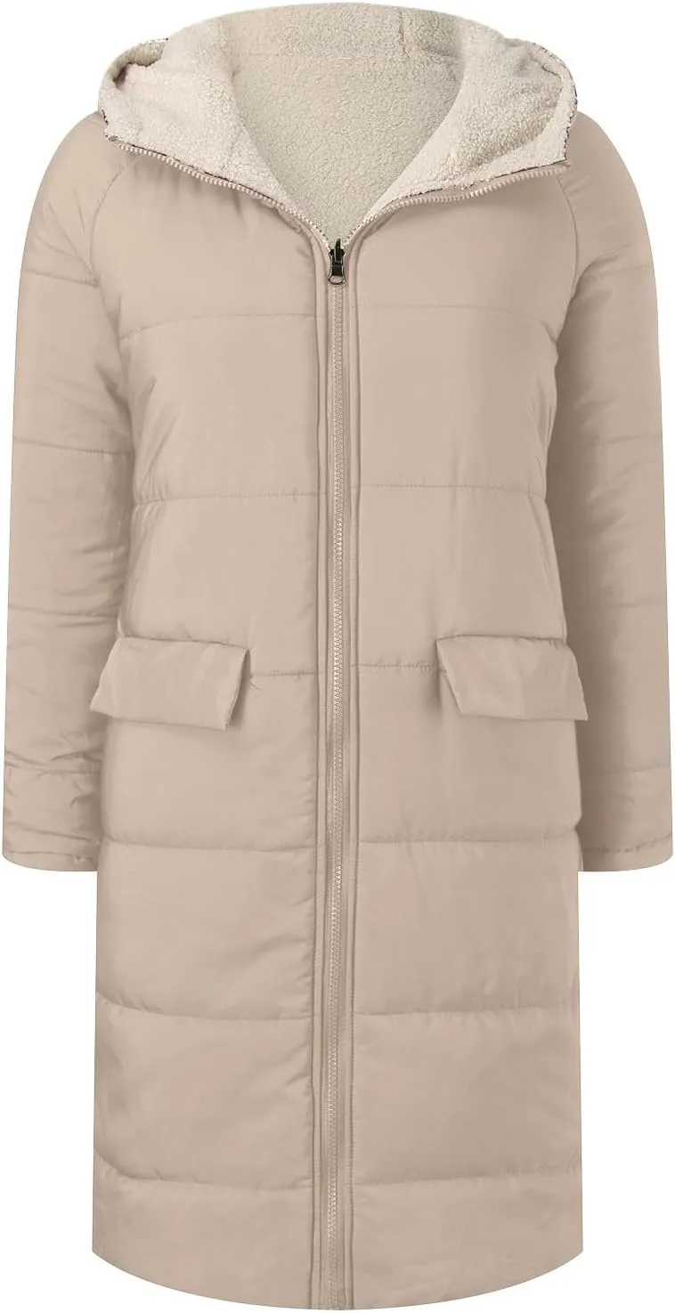 Long Winter Coats for Women Casual Long Sleeve Zip Up Puffer Jacket Plus Size Warm Outwear Trendy Reversible Teddy Coat