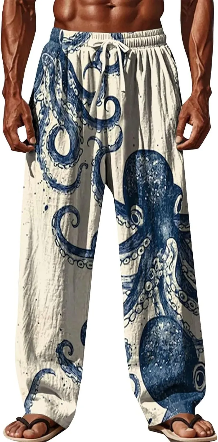 Loose Fit Elastic Drawstring Waist Fit Casual Summer Elastic Waist Drawstring Baggy Summer Beach Trousers with Pocket