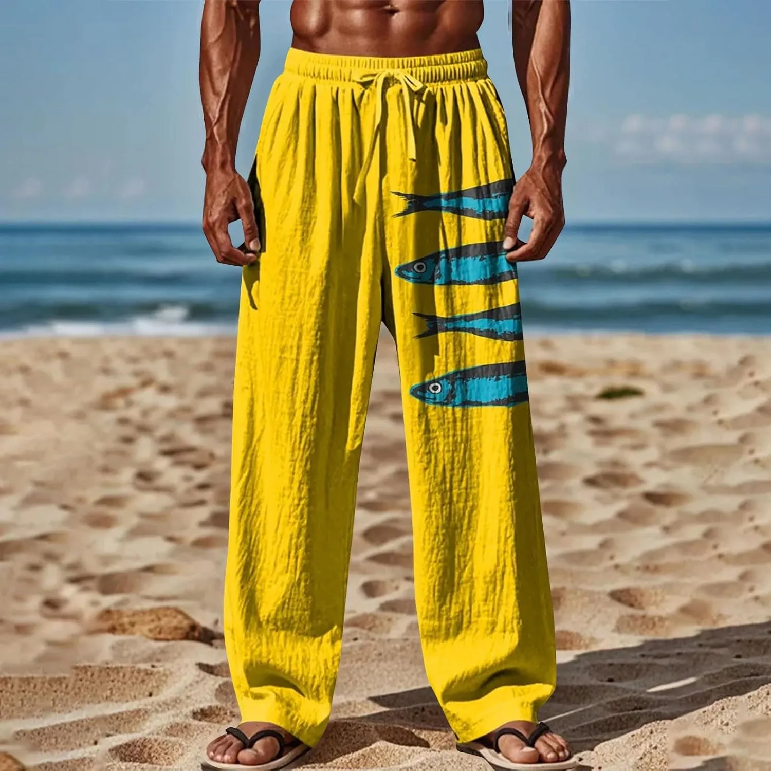 Loose Fit Elastic Drawstring Waist Fit Casual Summer Elastic Waist Drawstring Baggy Summer Beach Trousers with Pocket