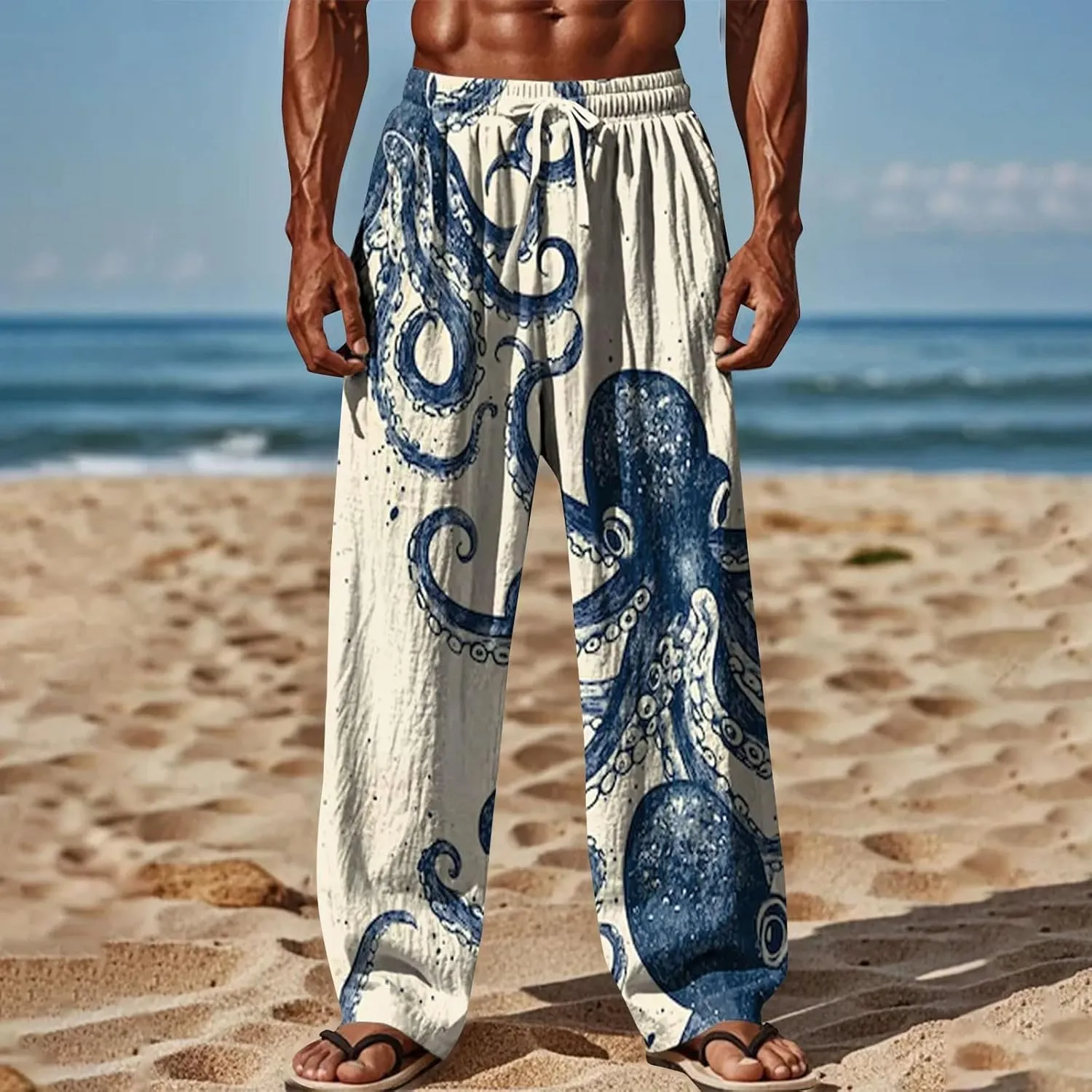 Loose Fit Elastic Drawstring Waist Fit Casual Summer Elastic Waist Drawstring Baggy Summer Beach Trousers with Pocket