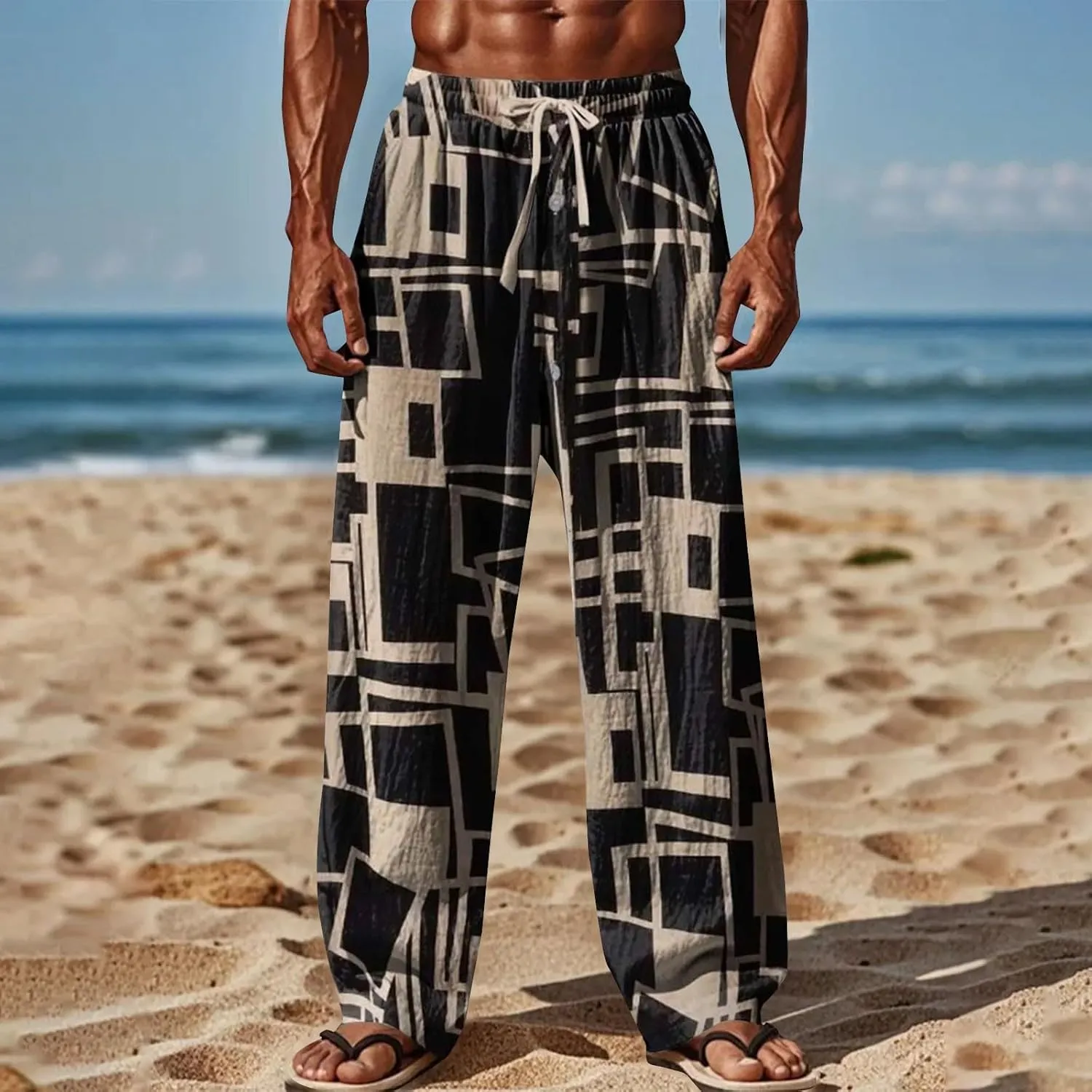 Loose Fit Elastic Drawstring Waist Fit Casual Summer Elastic Waist Drawstring Baggy Summer Beach Trousers with Pocket