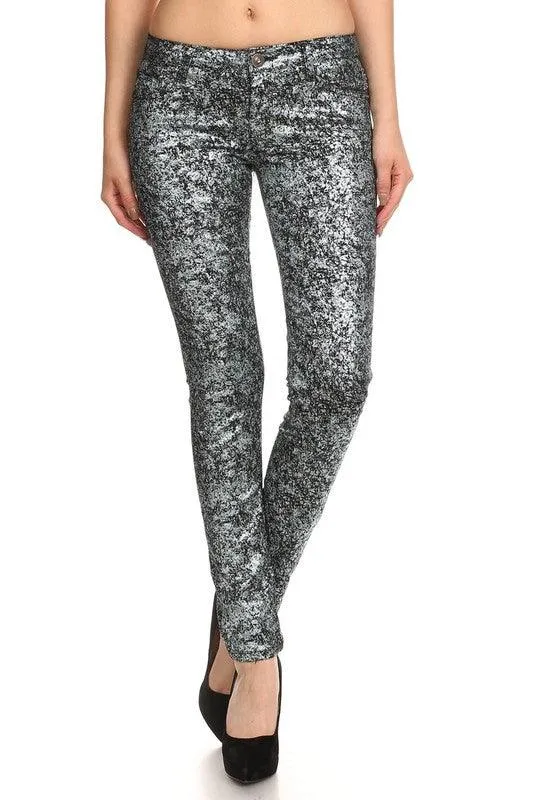 Low Rise Metallic Print Skinny Jeans Pants