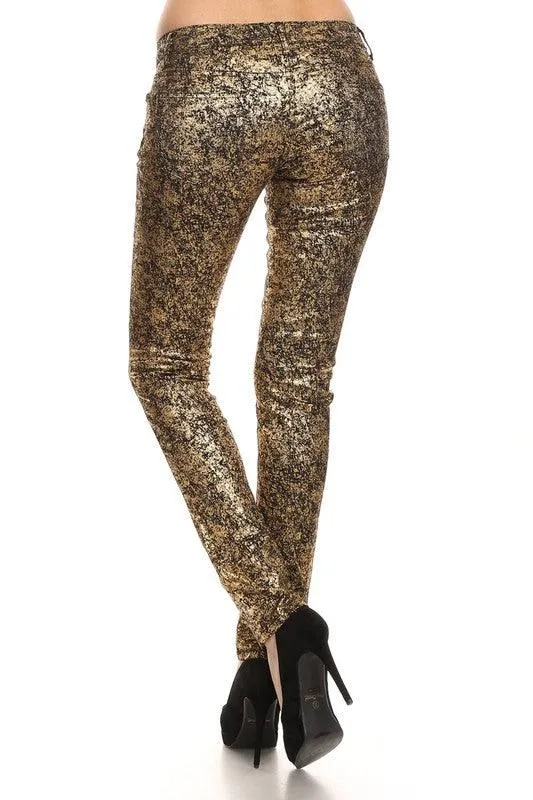 Low Rise Metallic Print Skinny Jeans Pants