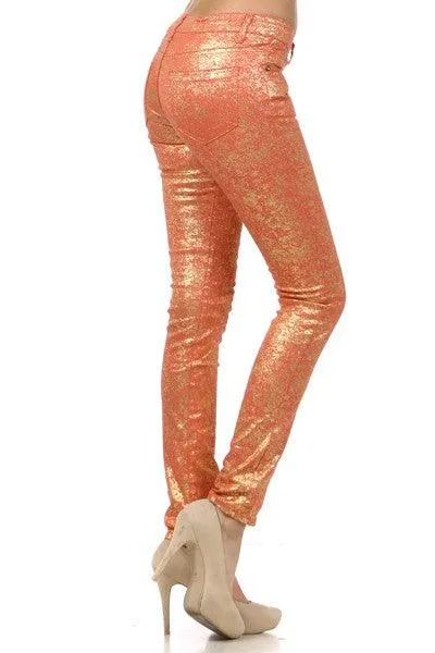 Low Rise Metallic Print Skinny Jeans Pants
