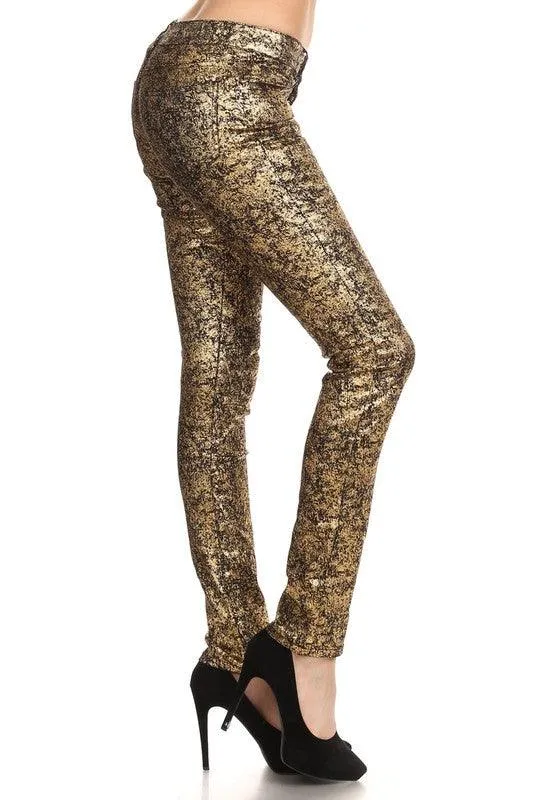 Low Rise Metallic Print Skinny Jeans Pants