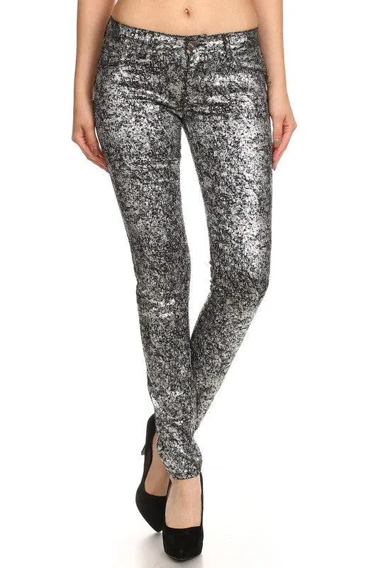 Low Rise Metallic Print Skinny Jeans Pants