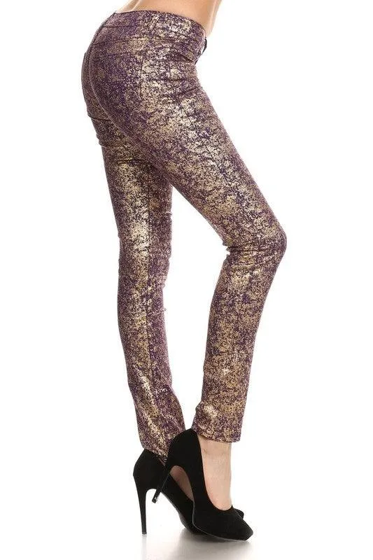 Low Rise Metallic Print Skinny Jeans Pants