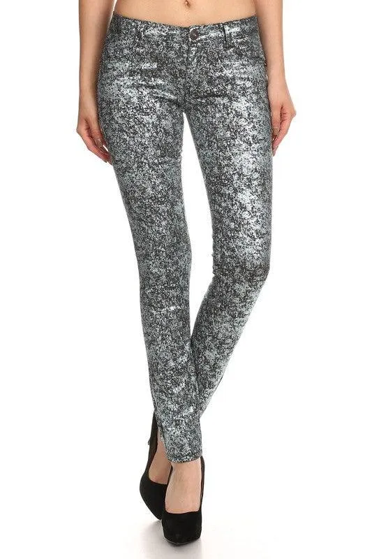 Low Rise Metallic Print Skinny Jeans Pants