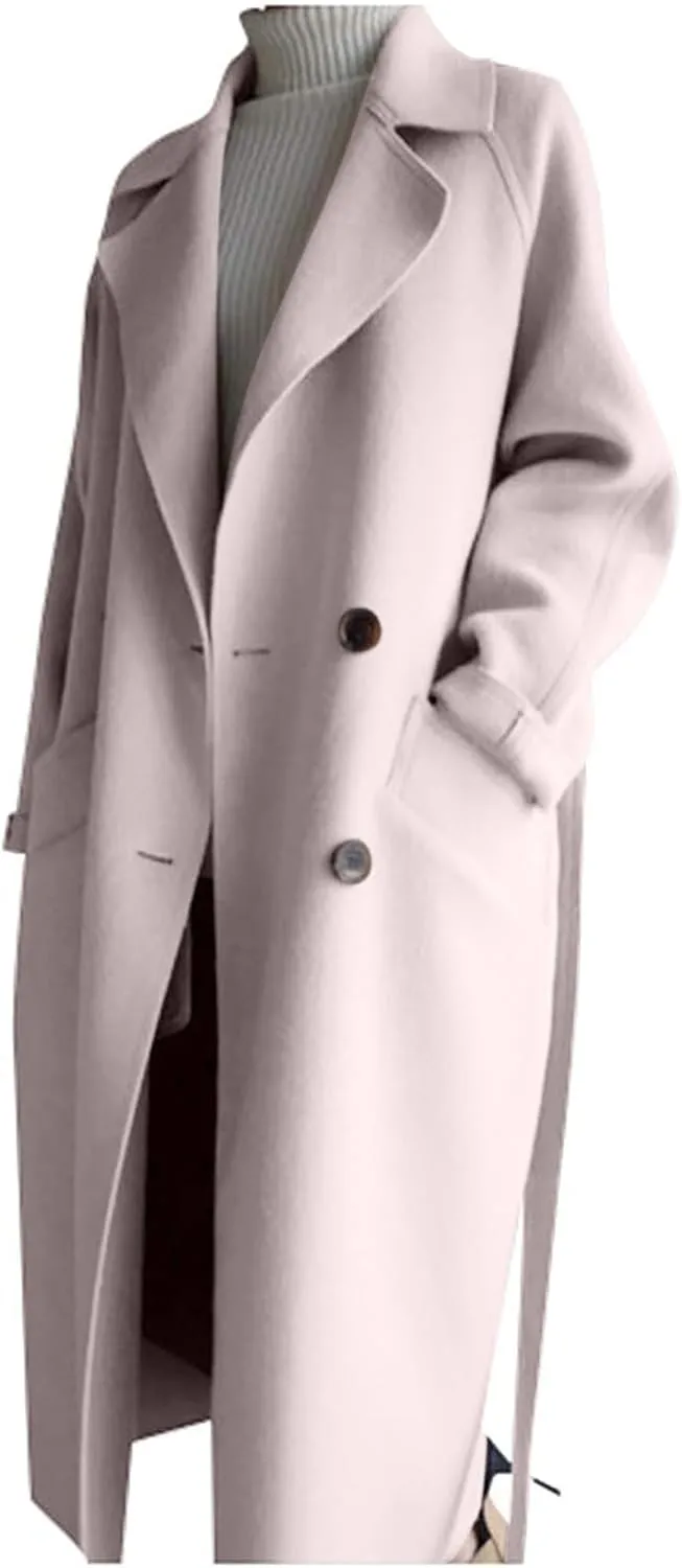 maisdgop Long Winter Coats for Women Casual Double Breasted Woolen Cloth Trench Coat Long Sleeve Open Front Lapel Overcoat