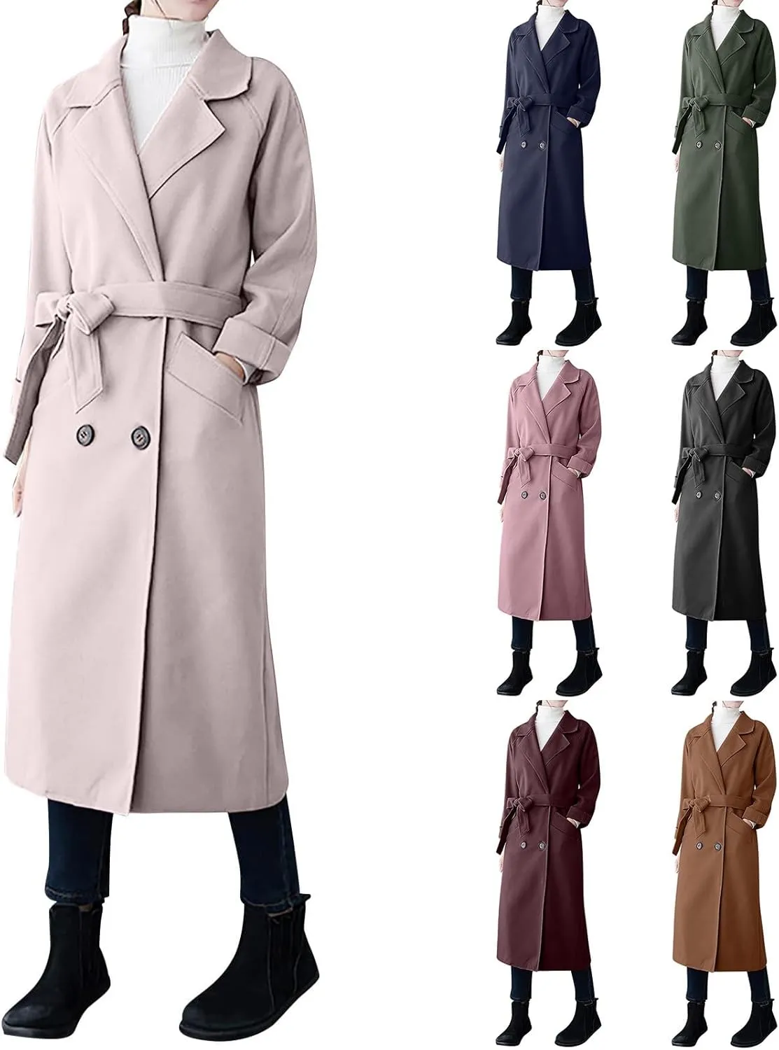 maisdgop Long Winter Coats for Women Casual Double Breasted Woolen Cloth Trench Coat Long Sleeve Open Front Lapel Overcoat