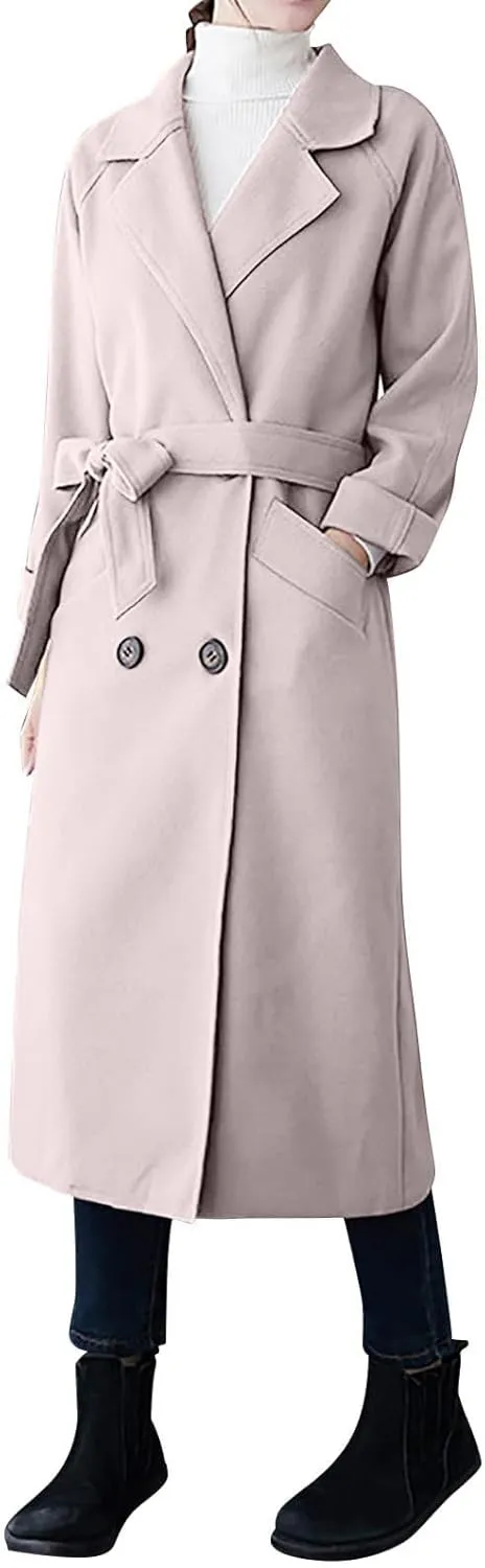 maisdgop Long Winter Coats for Women Casual Double Breasted Woolen Cloth Trench Coat Long Sleeve Open Front Lapel Overcoat