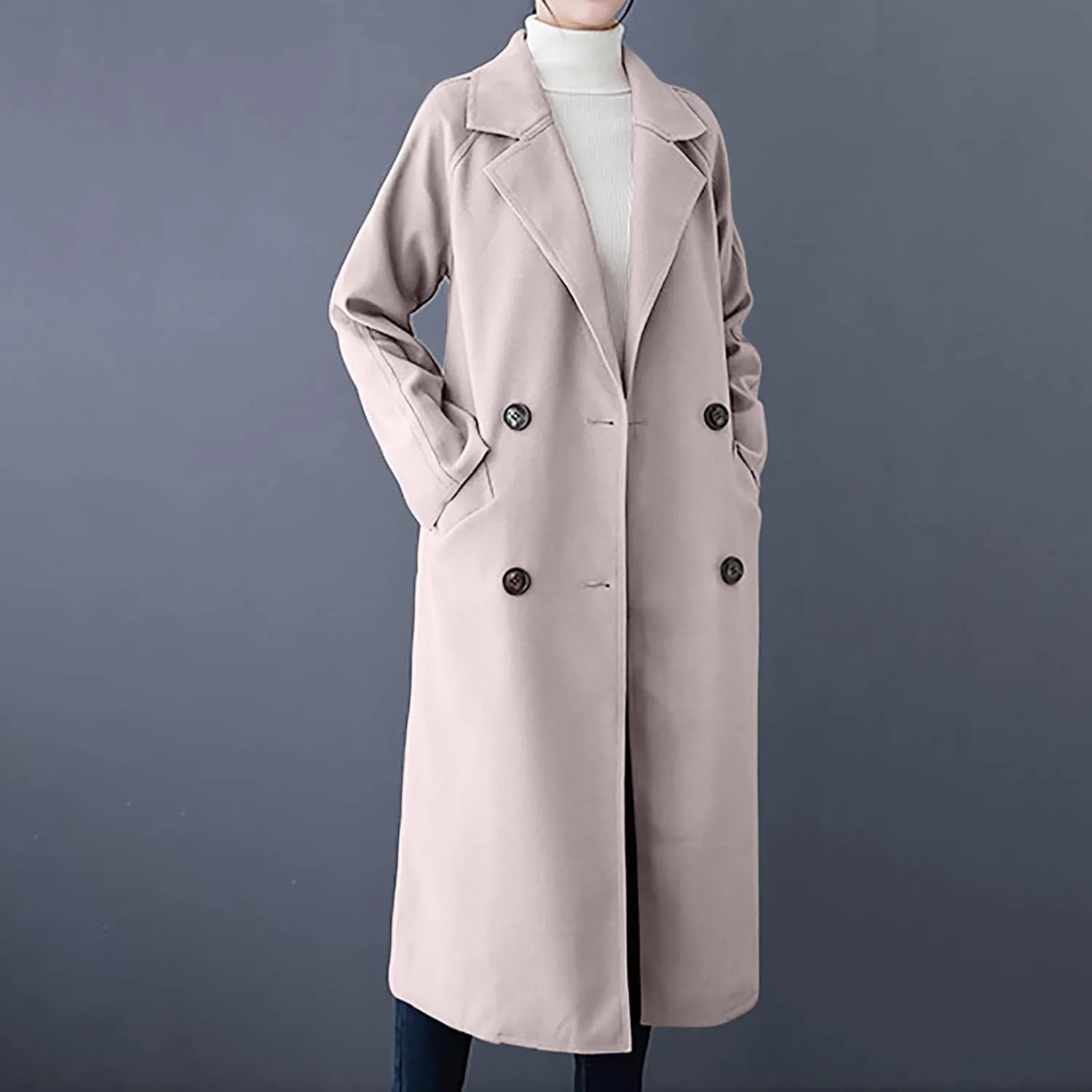maisdgop Long Winter Coats for Women Casual Double Breasted Woolen Cloth Trench Coat Long Sleeve Open Front Lapel Overcoat