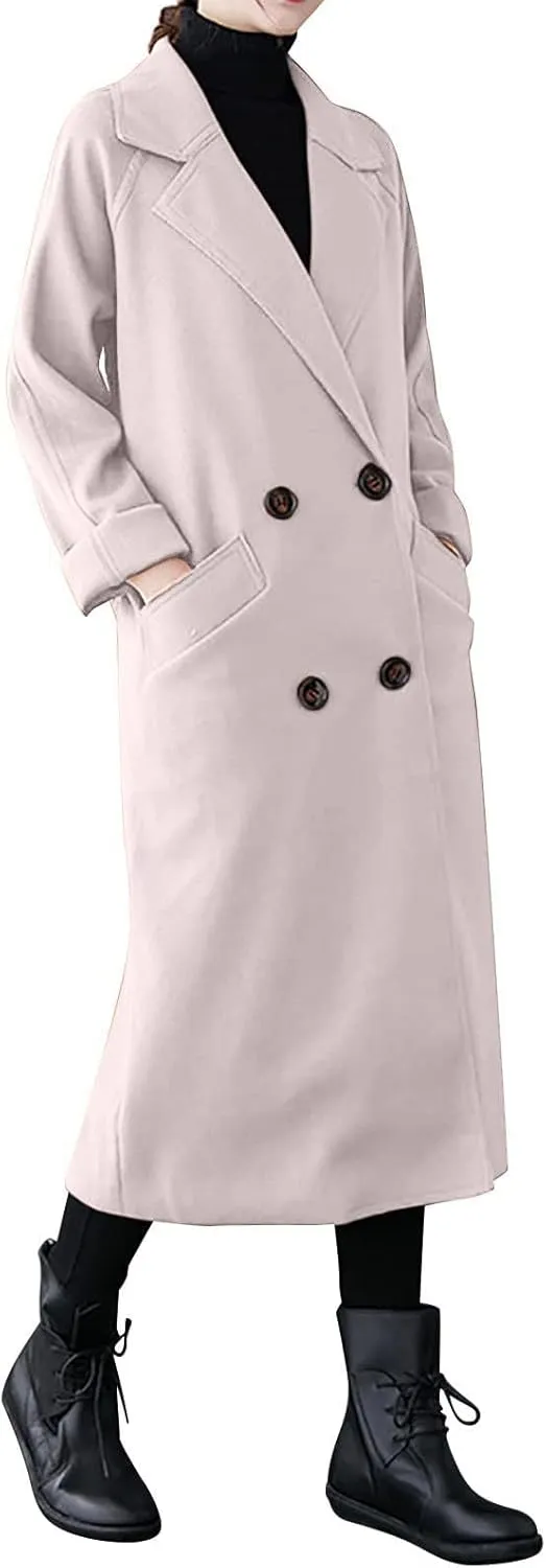 maisdgop Long Winter Coats for Women Casual Double Breasted Woolen Cloth Trench Coat Long Sleeve Open Front Lapel Overcoat