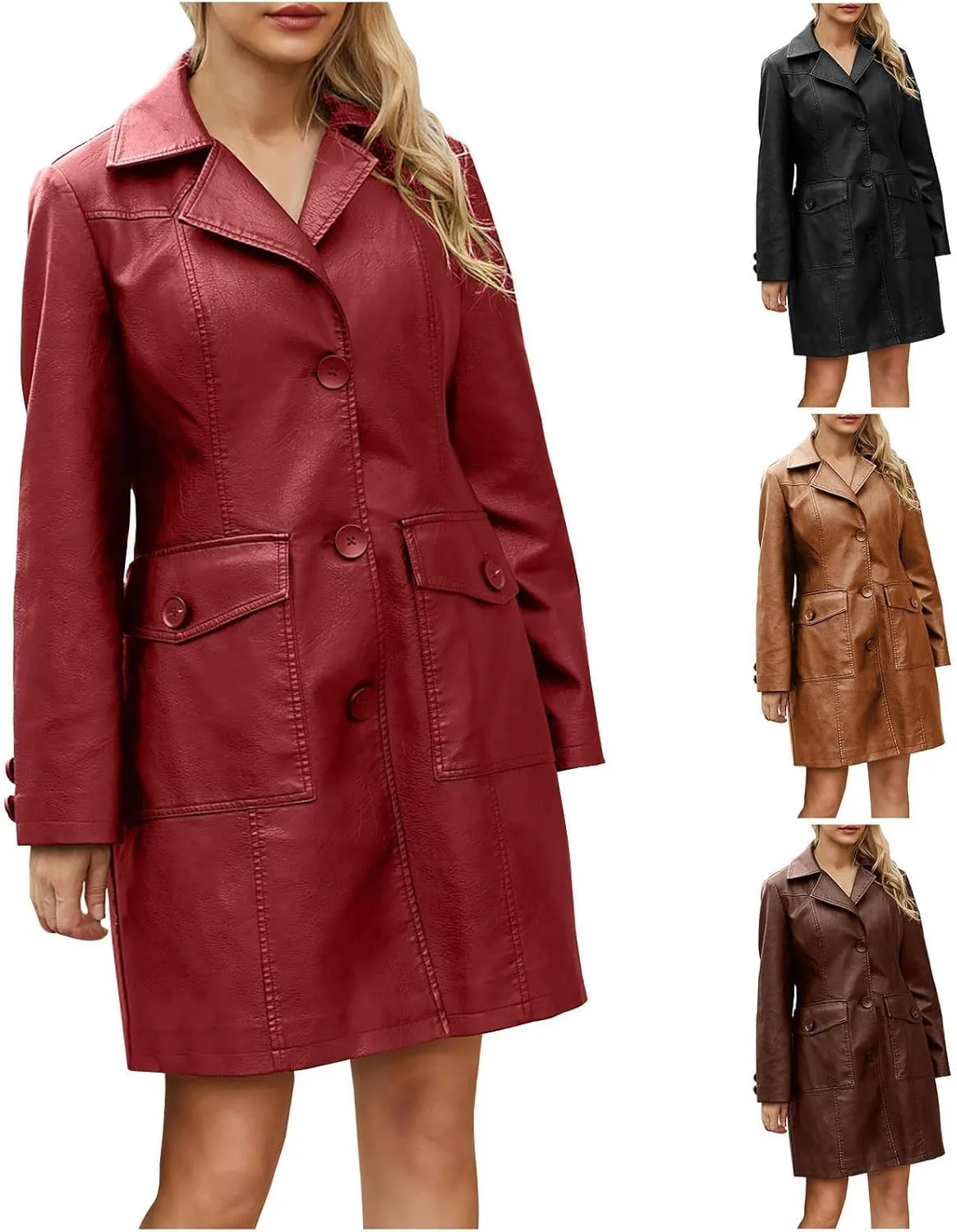 maisdgop Pea Coats for Women Faux Leather Trench Coats 2024 Fashion Fall Winter Single Breasted Long Jacket with Pockets