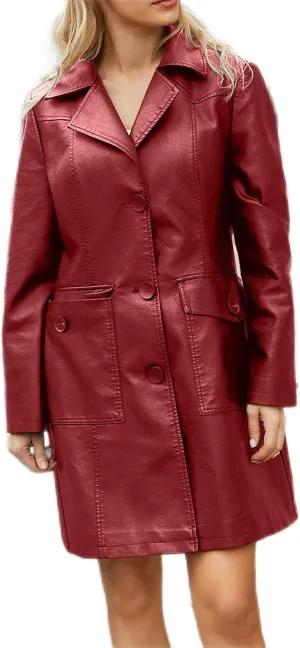 maisdgop Pea Coats for Women Faux Leather Trench Coats 2024 Fashion Fall Winter Single Breasted Long Jacket with Pockets
