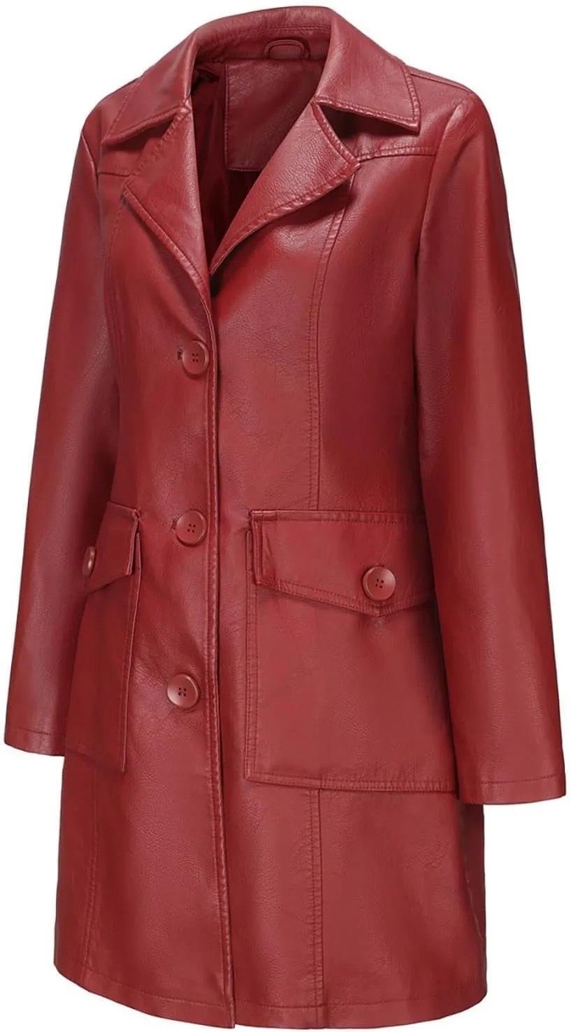maisdgop Pea Coats for Women Faux Leather Trench Coats 2024 Fashion Fall Winter Single Breasted Long Jacket with Pockets