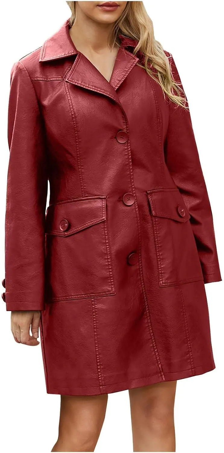 maisdgop Pea Coats for Women Faux Leather Trench Coats 2024 Fashion Fall Winter Single Breasted Long Jacket with Pockets